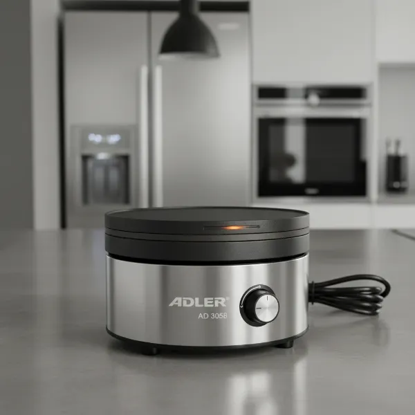 Adler AD 3058 electric crepe maker on a kitchen counter with stainless steel finish.