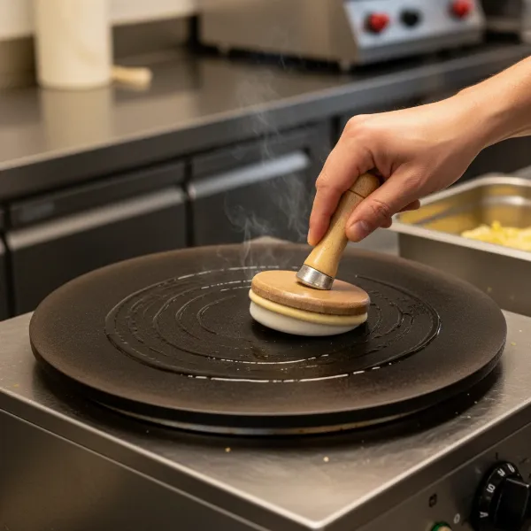 Hand applying a thin layer of cooking oil onto a hot crepe maker griddle with a greasing pad.