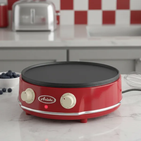 Ariete Party Time crepe maker with vibrant red retro 1950s design on a kitchen counter.