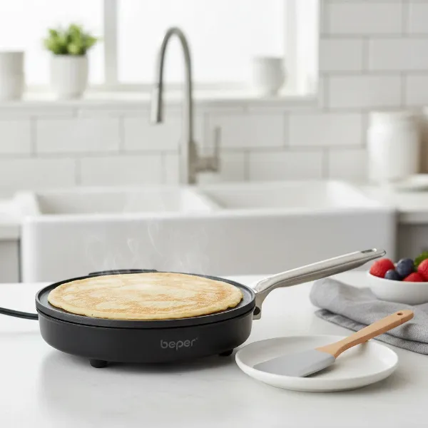 A Beper electric crepe maker in action on a kitchen counter, with a golden-brown crepe cooking.