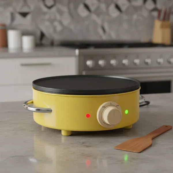 Bestron DCR213 retro yellow crepe maker on a kitchen counter