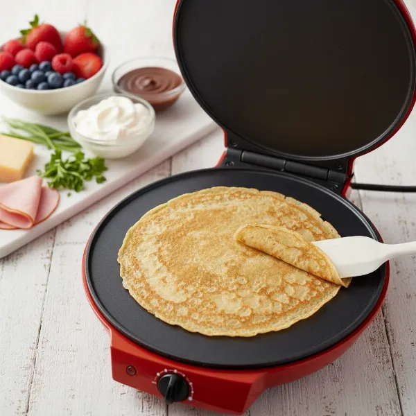 Betty Crocker Pizza and Crepe Maker making a delicate golden-brown crepe, showing versatility.