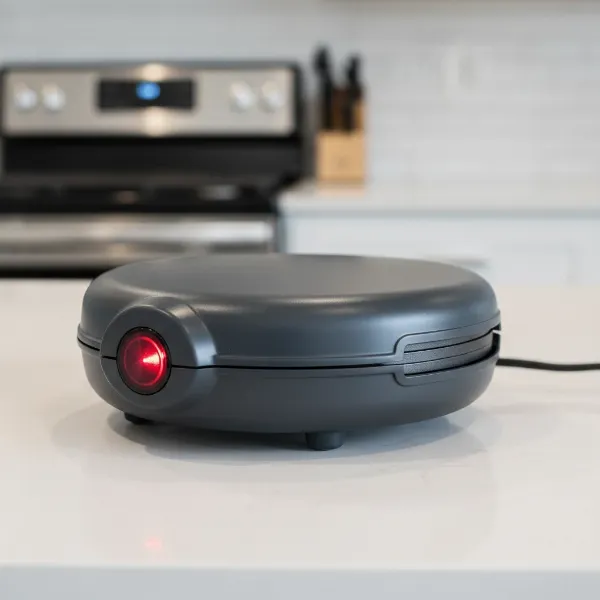 Betty Crocker Pizza and Crepe Maker, compact design, non-stick cooking surface, power indicator light.