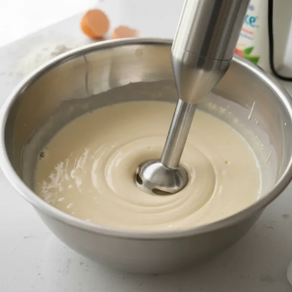 An immersion blender smoothing out a lumpy crepe batter in a mixing bowl, creating a perfect consistency.