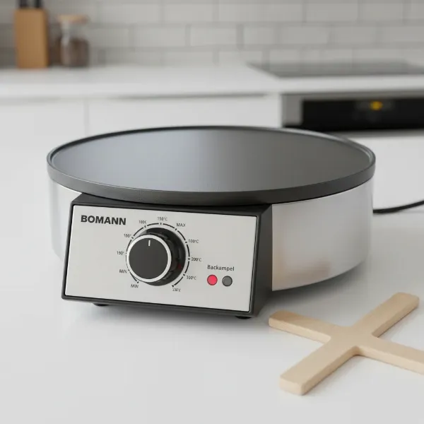 Close-up of Bomann CM 2221 CB crepe maker, highlighting its adjustable thermostat, indicator lights, and included batter spreader.