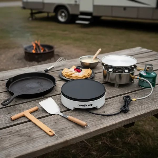 Diverse crepe makers for travel, including electric, stovetop, and portable propane models