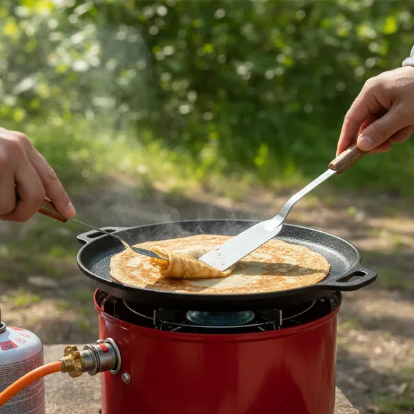 Person cooking crepes on a cast iron griddle over a portable camping stove outdoors