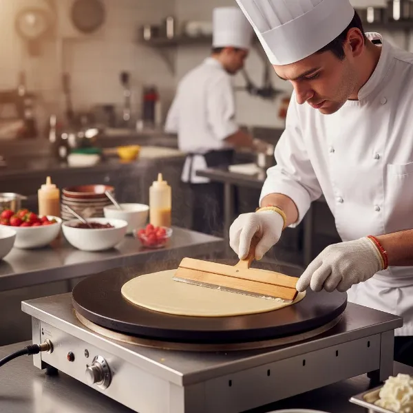 Chef spreading batter on a durable 15-inch commercial crepe maker with a non-stick surface.