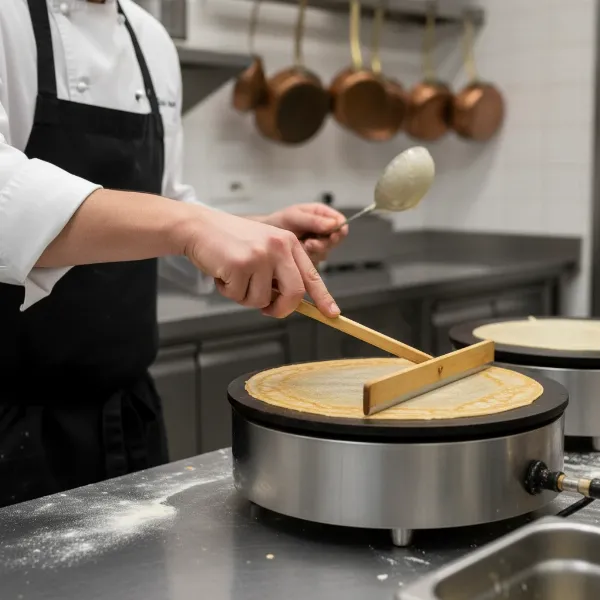 Professional chef skillfully spreading thin crepe batter on a hot commercial crepe griddle.