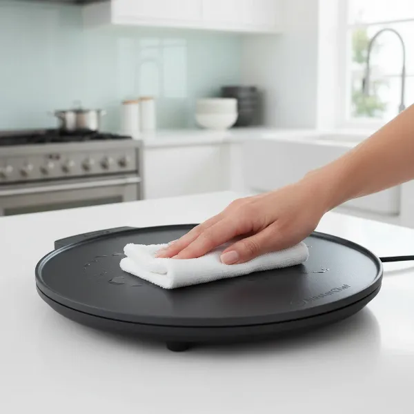 Person wiping clean a detached non-stick crepe maker plate with a damp cloth after use.