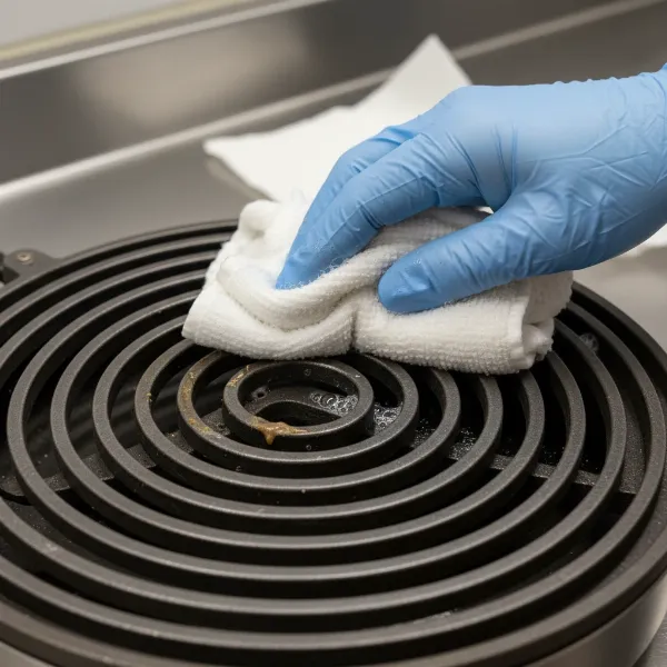 Hand gently cleaning a crepe maker heating element with a damp cloth and mild soap.