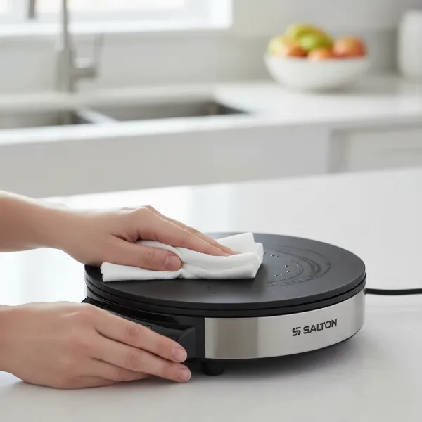 Hands wiping Salton Cordless Crepe Maker's non-stick surface with a damp cloth after use