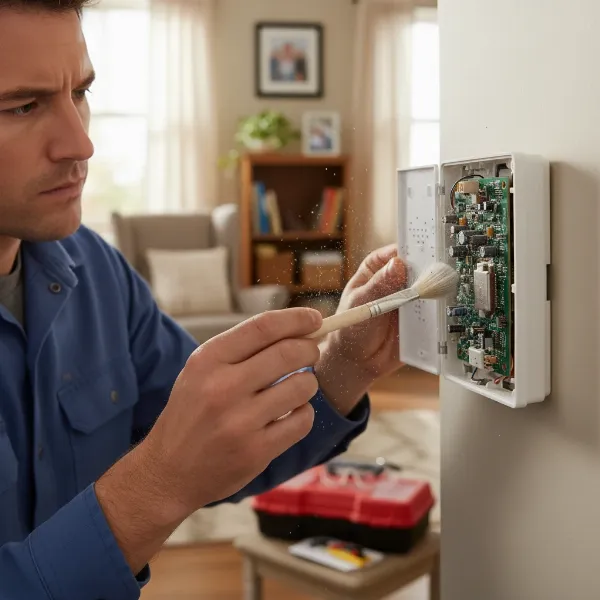 A person carefully cleaning the internal components of a thermostat with a soft brush.