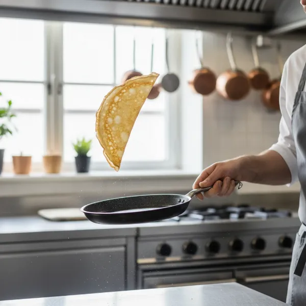 a skilled chef performing a perfect pan-flip of a thin golden crepe