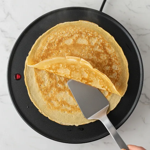 Hand using a spatula to flip a delicate gluten-free crepe on an electric maker.