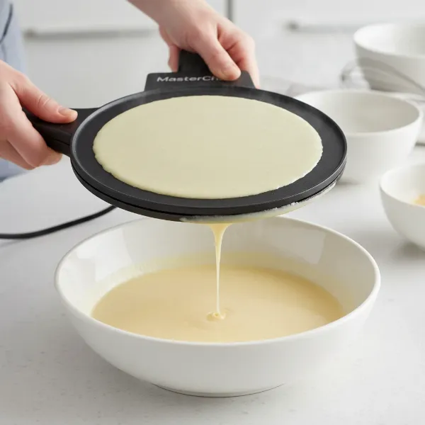 Hands dipping cordless crepe maker plate into a shallow bowl of thin batter, cooking crepes.