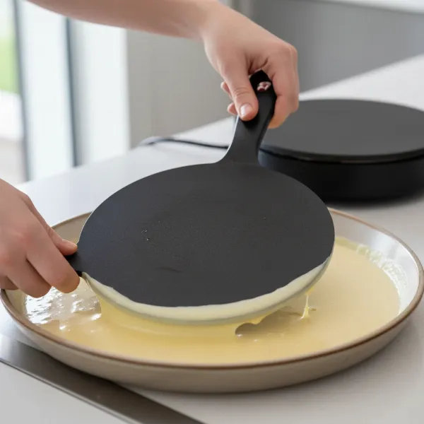 Hands dipping a hot cordless crepe maker plate into a shallow batter tray for even coating