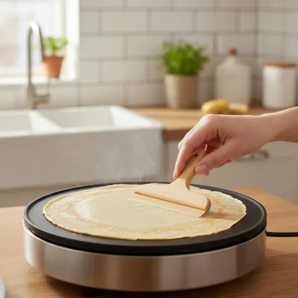 A countertop crepe maker with a thin crepe cooking on its surface, a hand using a wooden spreader.