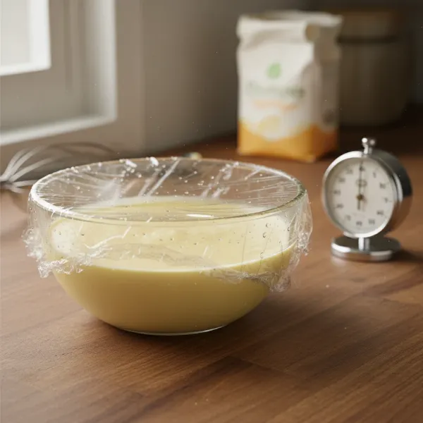 Bowl of crepe batter covered with plastic wrap, resting on a kitchen counter, showing the importance of resting time.