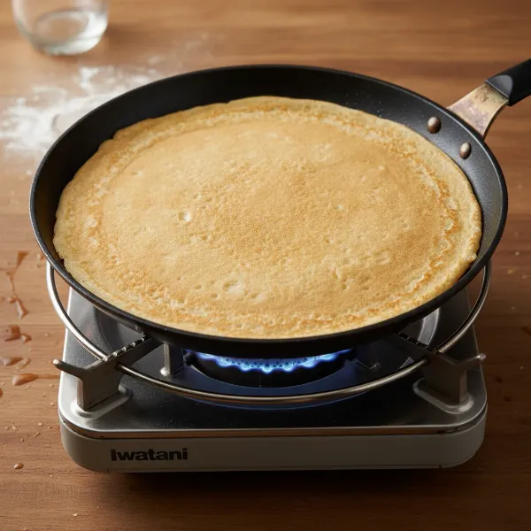 A golden-brown crepe cooking on an Iwatani gas stove, showing even heat distribution and crispy edges
