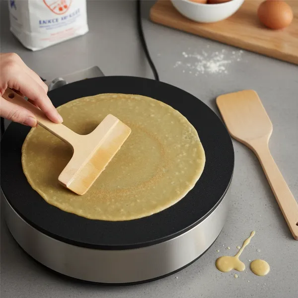 essential crepe maker accessories including a wooden batter spreader and spatula