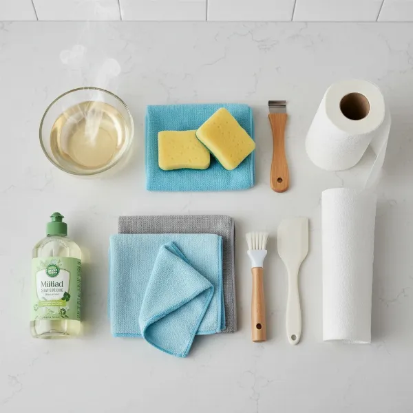A collection of soft cloths, sponges, nylon brush, and mild soap for cleaning a crepe maker.