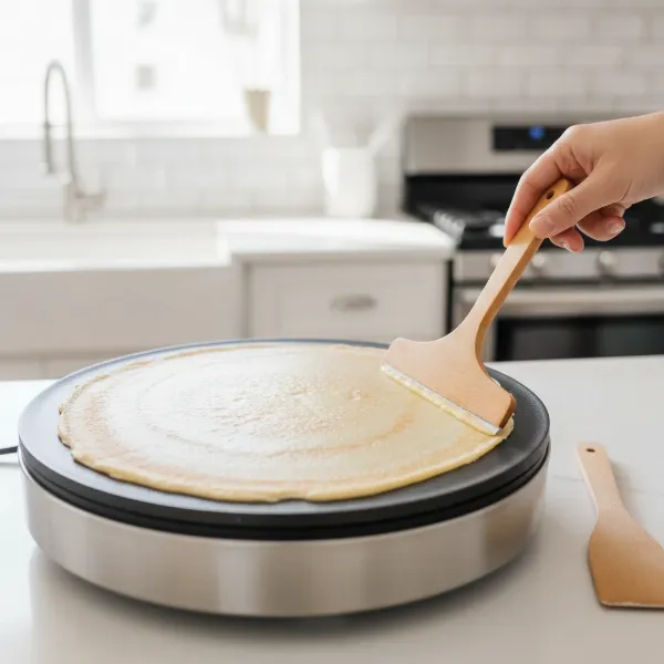 Round electric crepe maker with a thin crepe being spread by a T-stick.