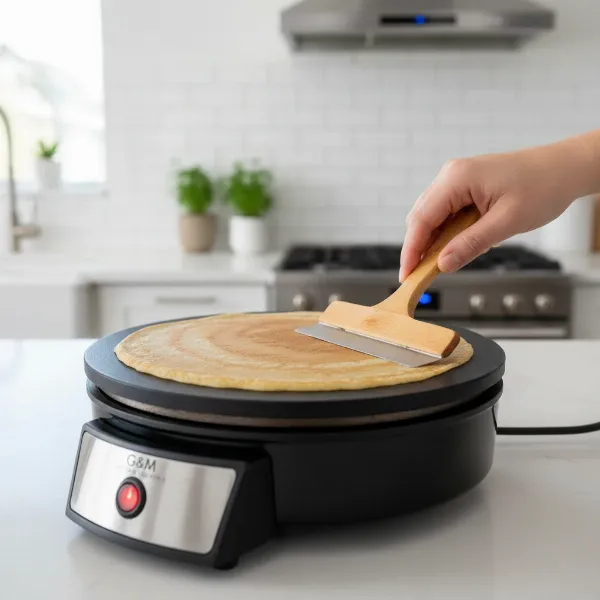 Electric crepe maker cooking a golden-brown crepe, showing nonstick surface and easy operation.