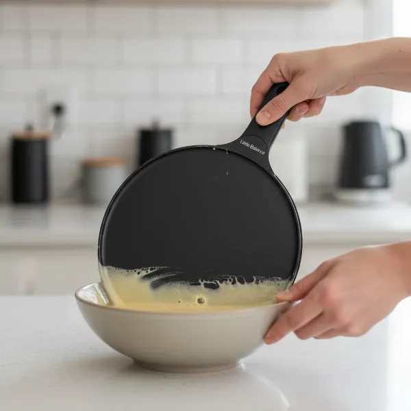 A hand holding the Little Balance crepe maker, inverted and dipping into crepe batter.
