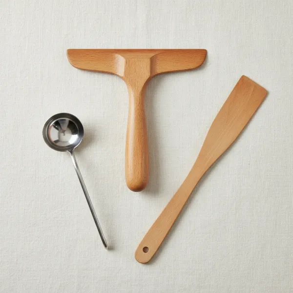 Assortment of crepe maker accessories: wooden spatulas, batter spreaders, and ladles.