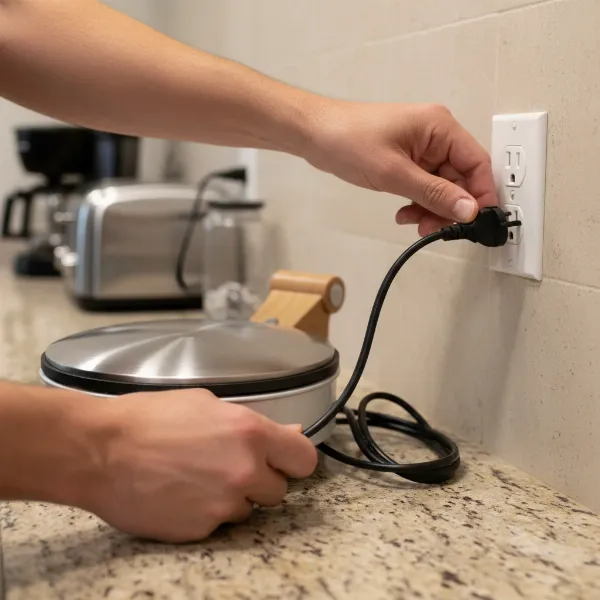 Person checking power cord and outlet for a non-heating crepe maker