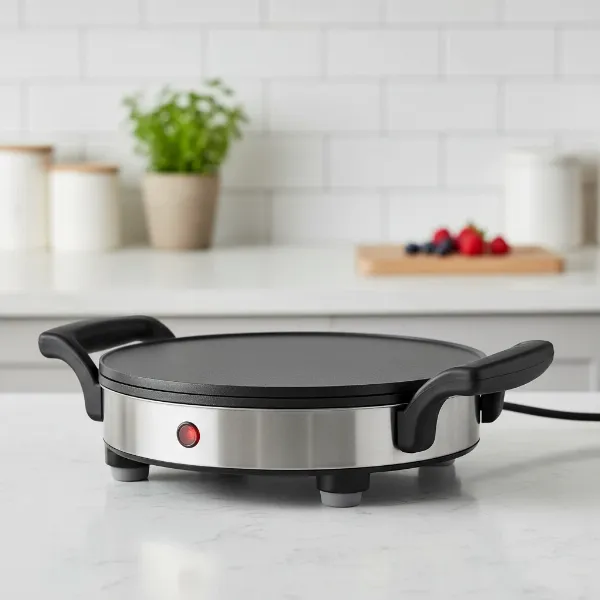 Close-up of an electric crepe maker highlighting safety features like cool-touch handles and non-slip feet.
