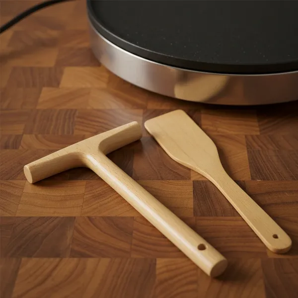 Wooden T-shaped batter spreader and spatula with Elite Gourmet crepe maker.