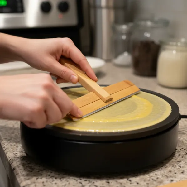 Crepe maker spreading thin egg batter with T-spreader for usuyaki tamago