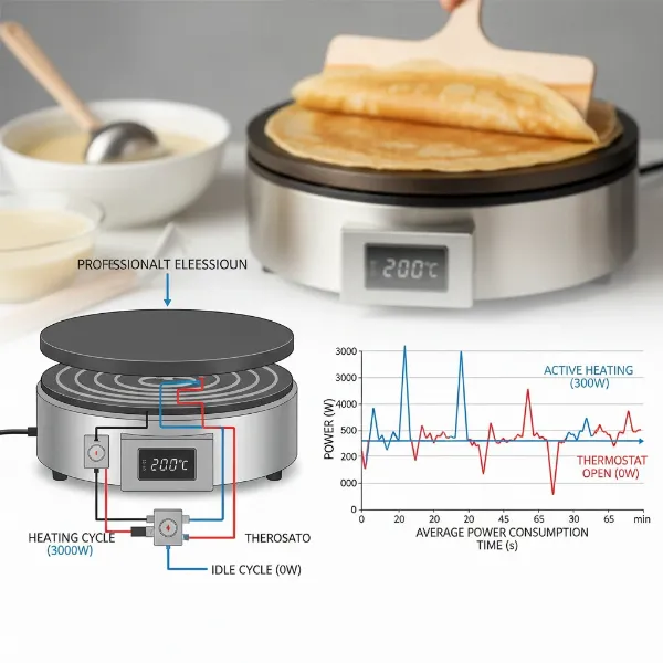 Illustration of a crepe maker's thermostat cycling, showing active heating and idle periods.