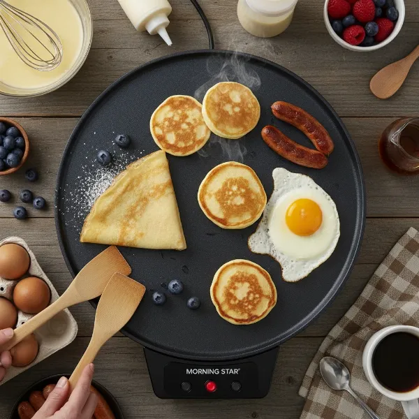 Assortment of foods like crepes, pancakes, and eggs cooking on a crepe maker.