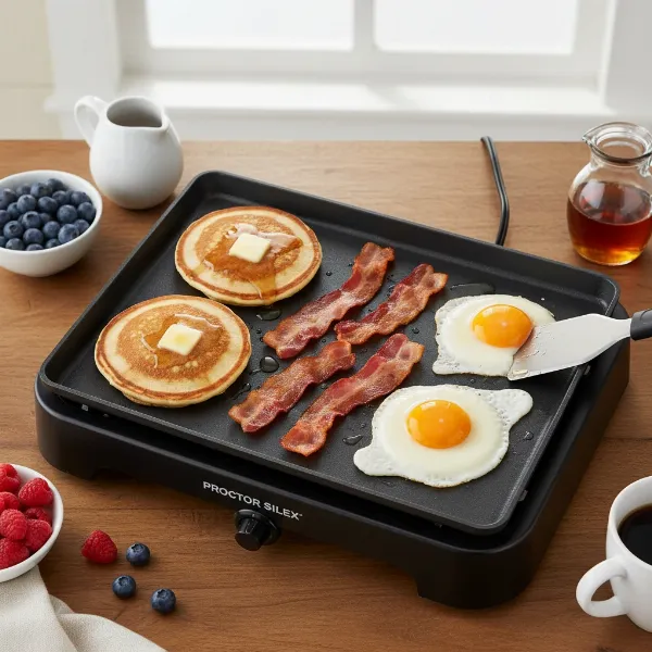 Various breakfast foods like pancakes, eggs, bacon cooked on a versatile electric griddle appliance