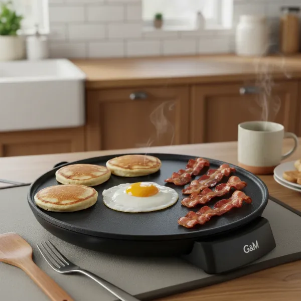 Versatile electric griddle cooking pancakes, fried eggs, and bacon for breakfast.