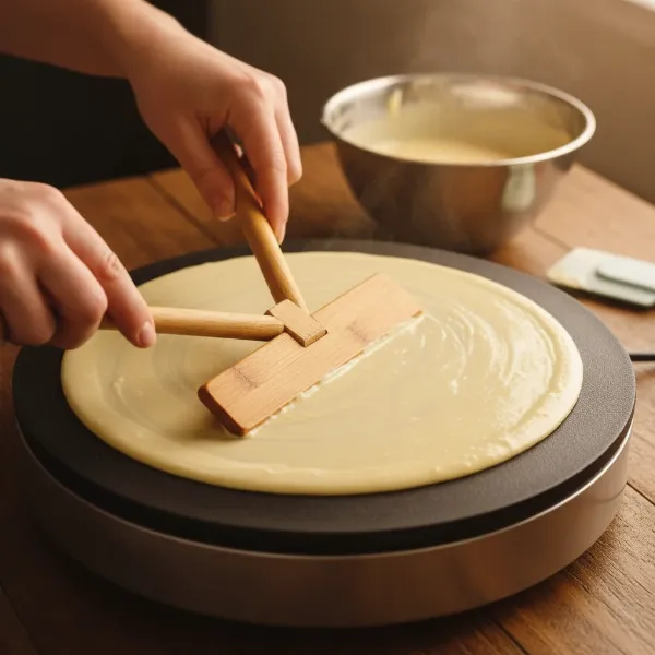 Hands spreading crepe batter on a hot griddle, illustrating balanced technique.