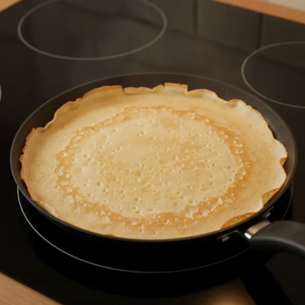 Close-up of a crepe in a pan showing readiness for flipping with curled edges and dry surface.