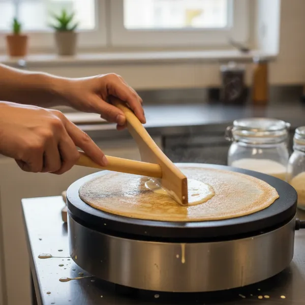 A wooden crepe spreader distributing batter on a hot griddle.