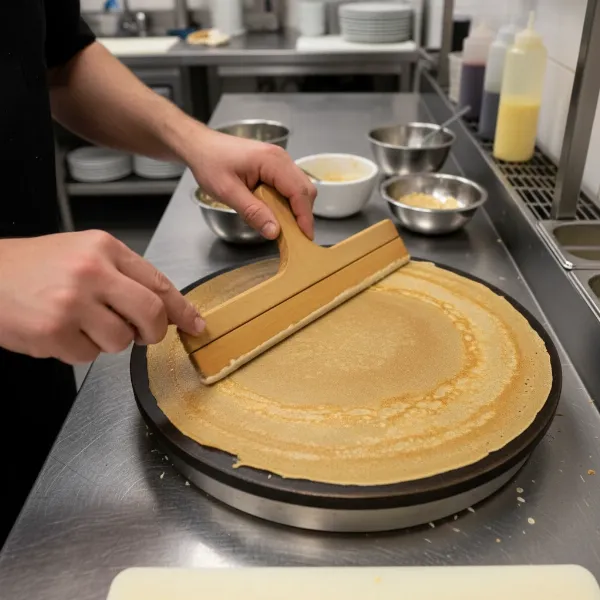 Chef using a T-shaped rozell to spread crepe batter thinly on an electric crepe maker.