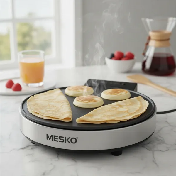 Golden-brown crepes and small pancakes cooking on a versatile Mesko electric griddle.