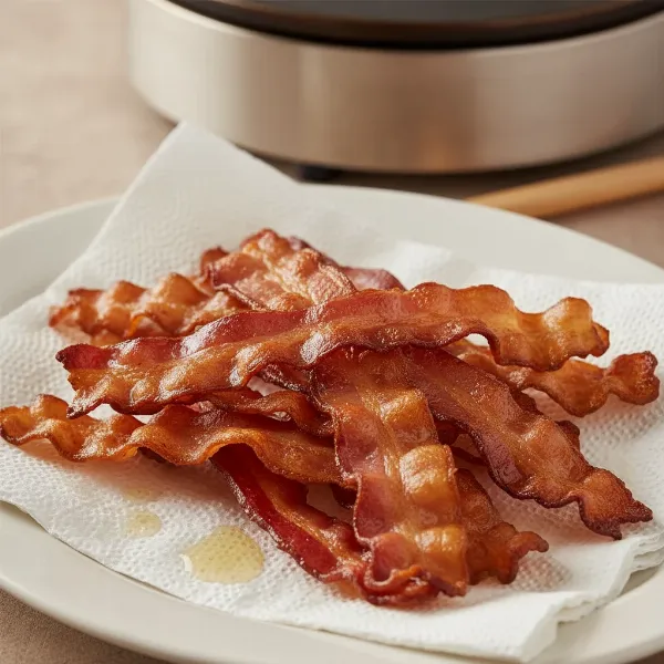 Golden-brown crispy bacon resting on paper towels after being cooked on a crepe maker