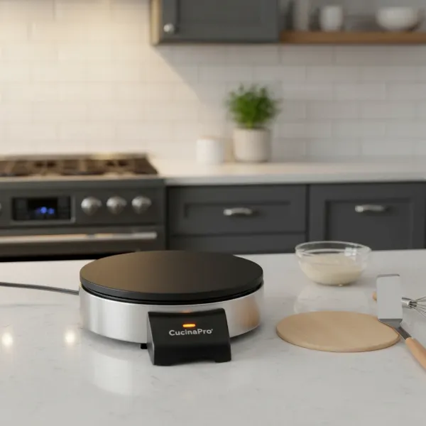 CucinaPro 12-inch electric crepe maker with wooden spreader and spatula on a kitchen counter.