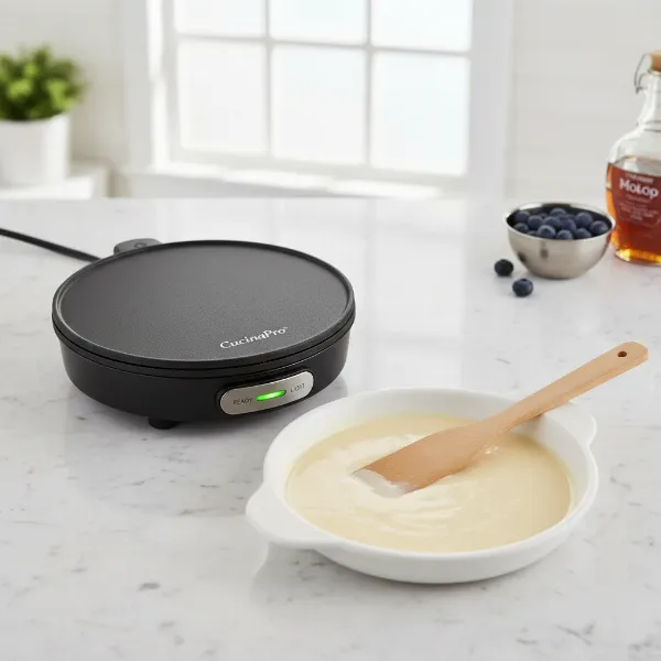 CucinaPro Cordless Crepe Maker with dipping plate and spatula on a kitchen counter