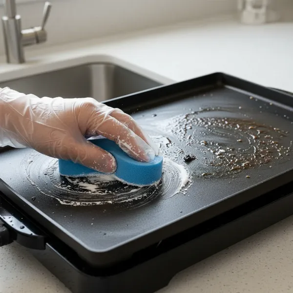 Person cleaning an electric griddle with a soft sponge and baking soda paste.