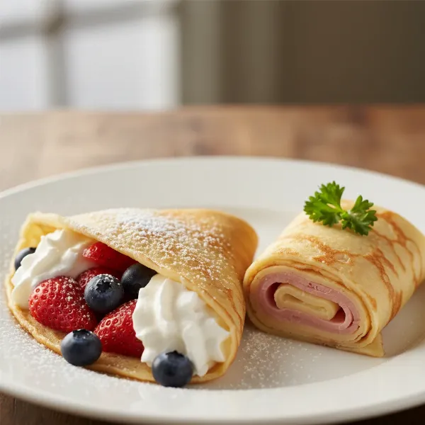Assortment of delicious crepes, some with sweet fruit and cream, others with savory ham and cheese.