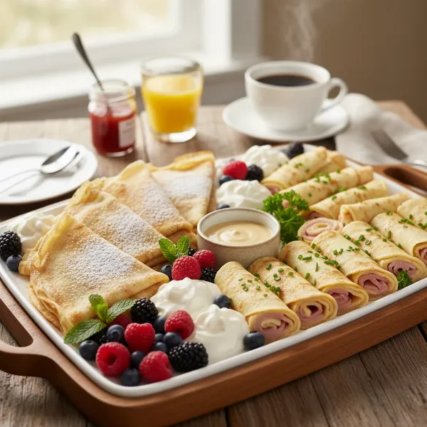 Assortment of perfectly thin crepes with sweet and savory fillings