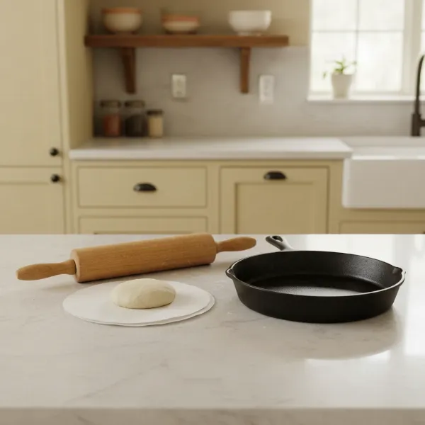 Various kitchen tools used to flatten tortillas without a press, including a rolling pin and heavy skillet.